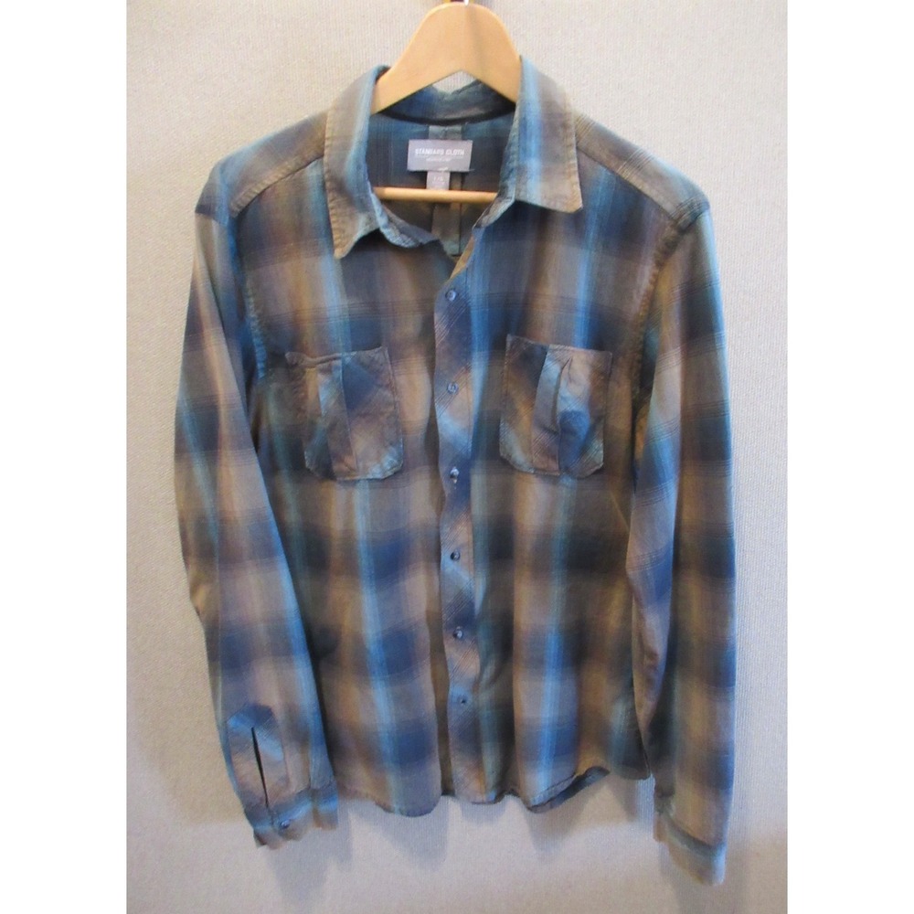Washington Street Standard Cloth Shadow Plaid Shirt Large Blue Brown
